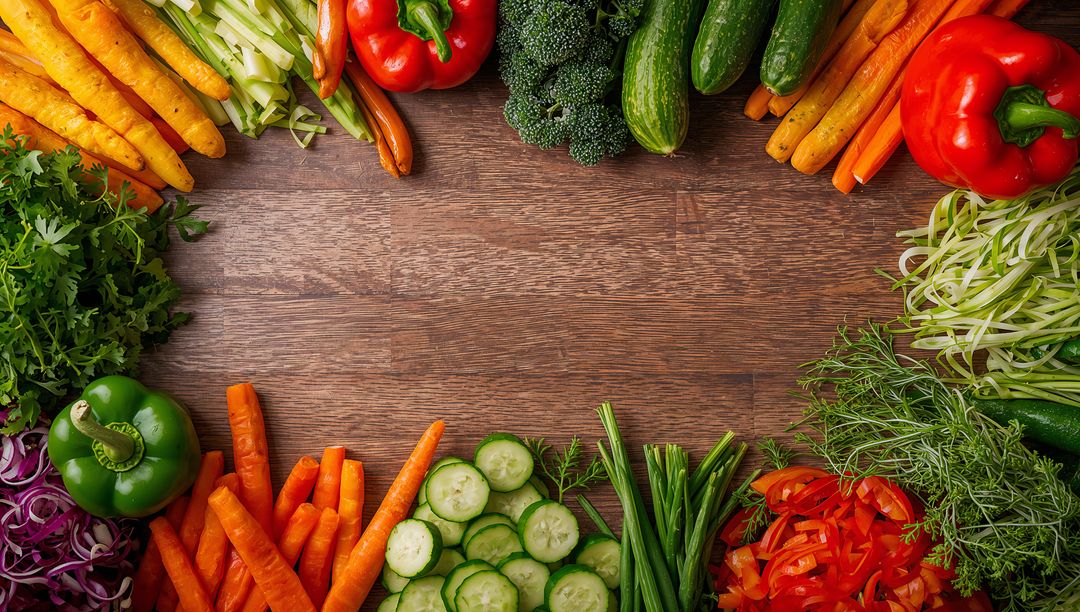 Colorful Vegetable Border Framing Rustic Wooden Board Flatlay for Healthy Recipes