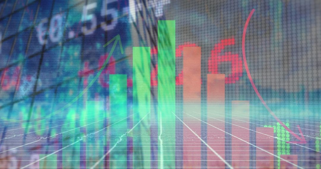 Animated financial bar chart with growth and decline arrows