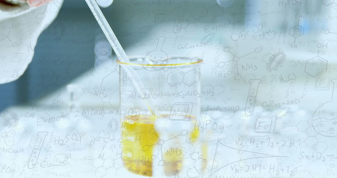 Lab Beaker with Chemical Formulas Overlay in Science Research
