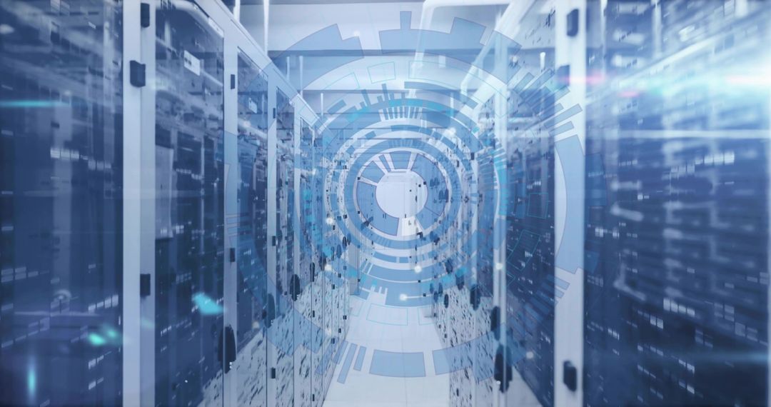 Glowing server corridor with circular HUD overlay in high-tech data center