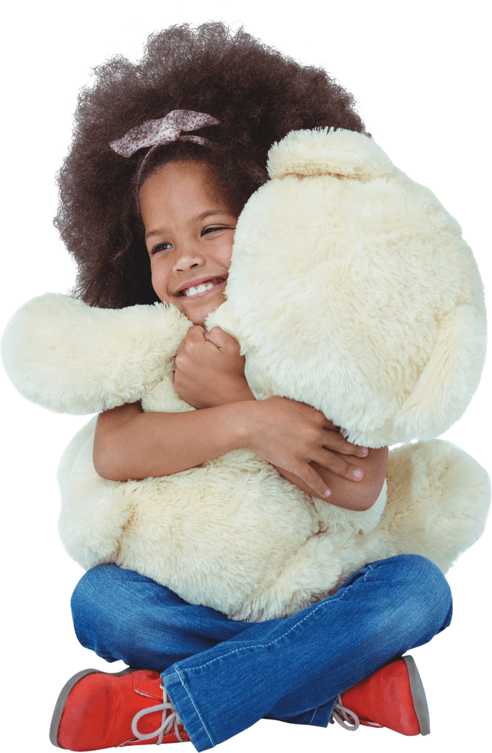 Girl Hugging Large Transparent Teddy Bear With Joyful Expression