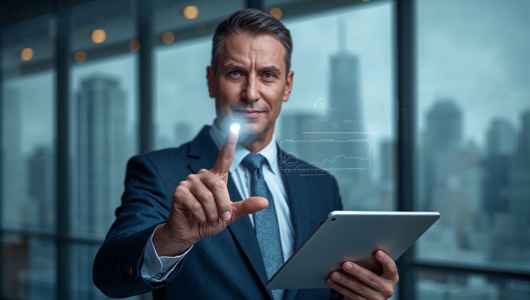 Executive Interacting with Virtual Holographic Interface in Modern Office