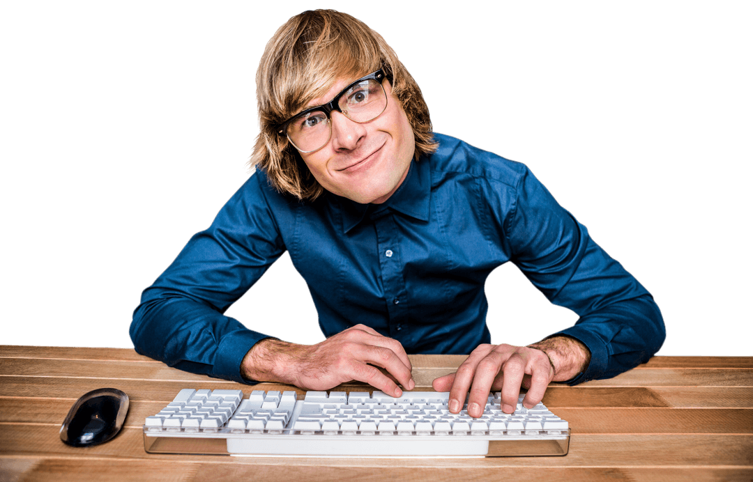 Geeky Hipster Grimacing Over Keyboard on Transparent Background
