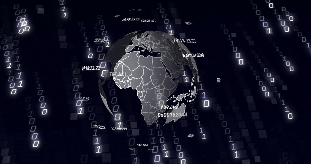 Digital globe with binary code overlay representing global data processing