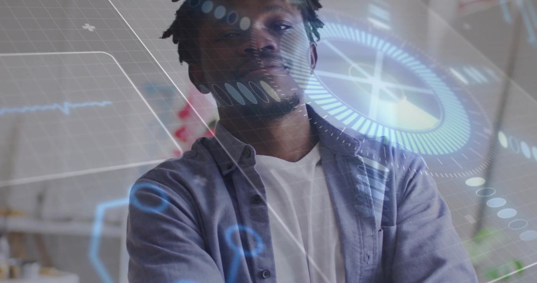 Mid-adult man viewing augmented reality HUD interface in modern creative studio workspace
