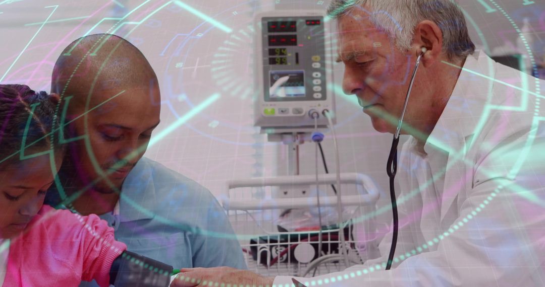 Pediatrician examining child while father holding arm with BP cuff and vital monitor