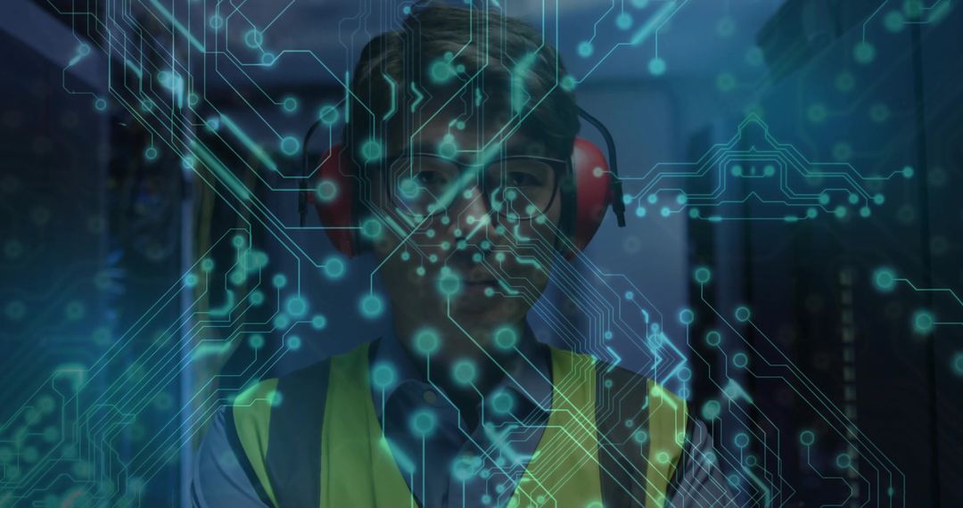 Engineer in Data Center with Futuristic Circuit Overlay