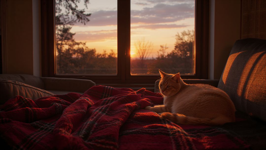 Ginger Cat Relaxing on Cozy Sofa by Sunset Window