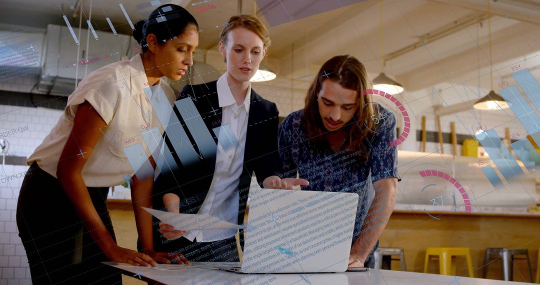 Diverse Coworkers Analyzing Digital Reports with Infographic Overlay