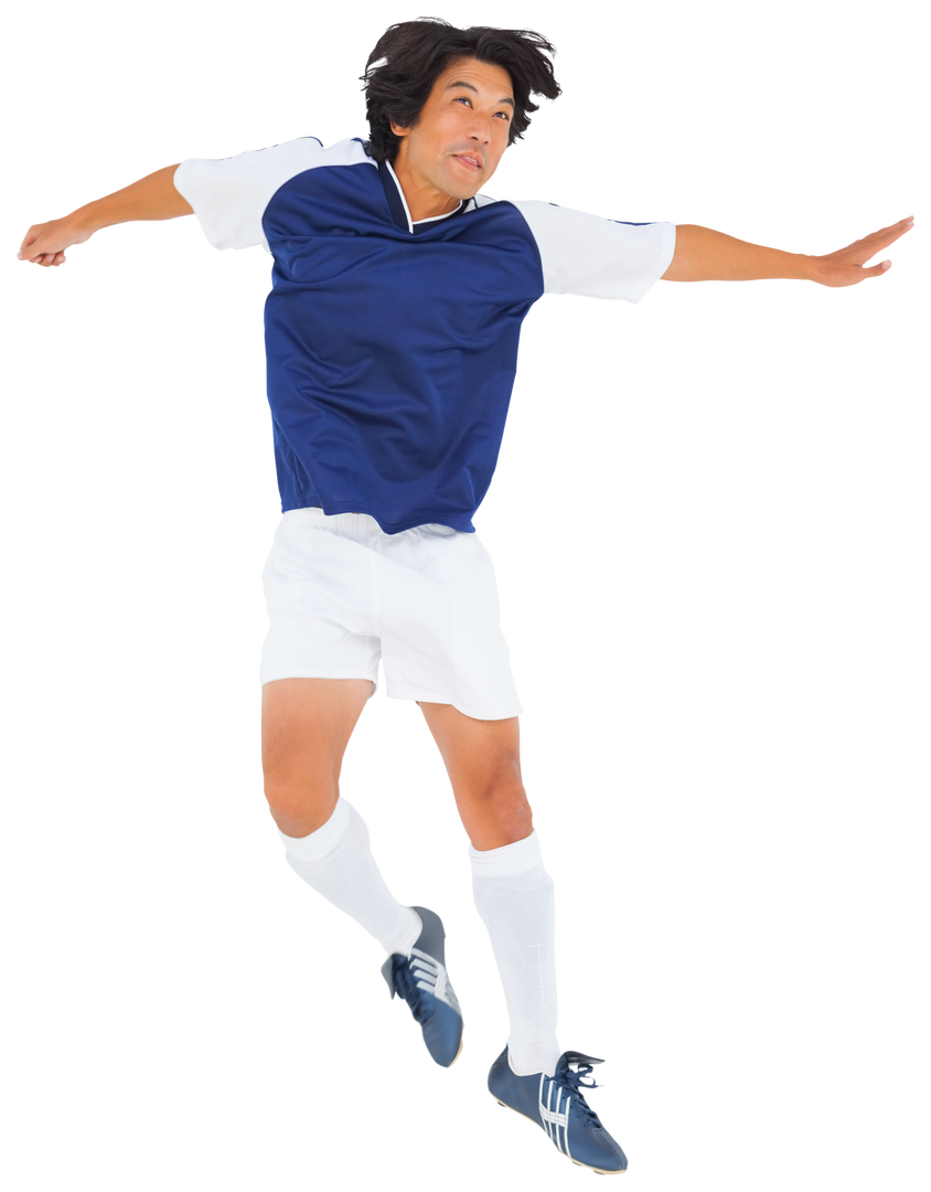 Transparent Asian Male Footballer Jumping in Blue and White Uniform - Download Free Stock Images Pikwizard.com