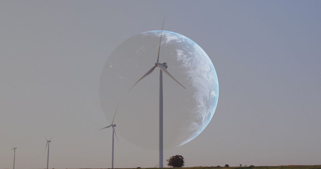 Wind Turbines Against Large Moon Background Sustainable Energy Theme