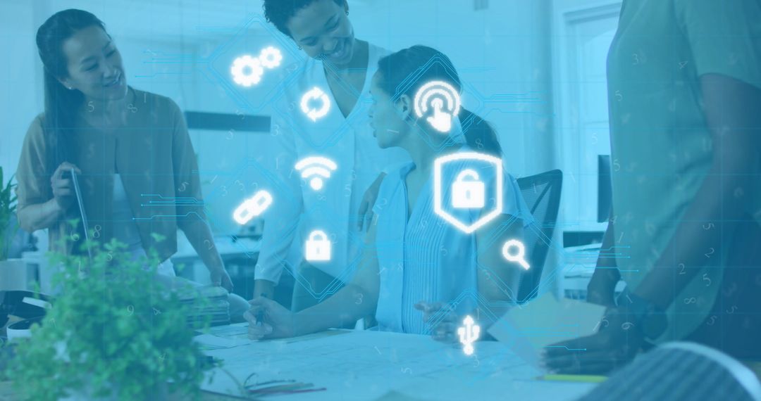 Diverse Team Collaborating with Digital Security Overlays