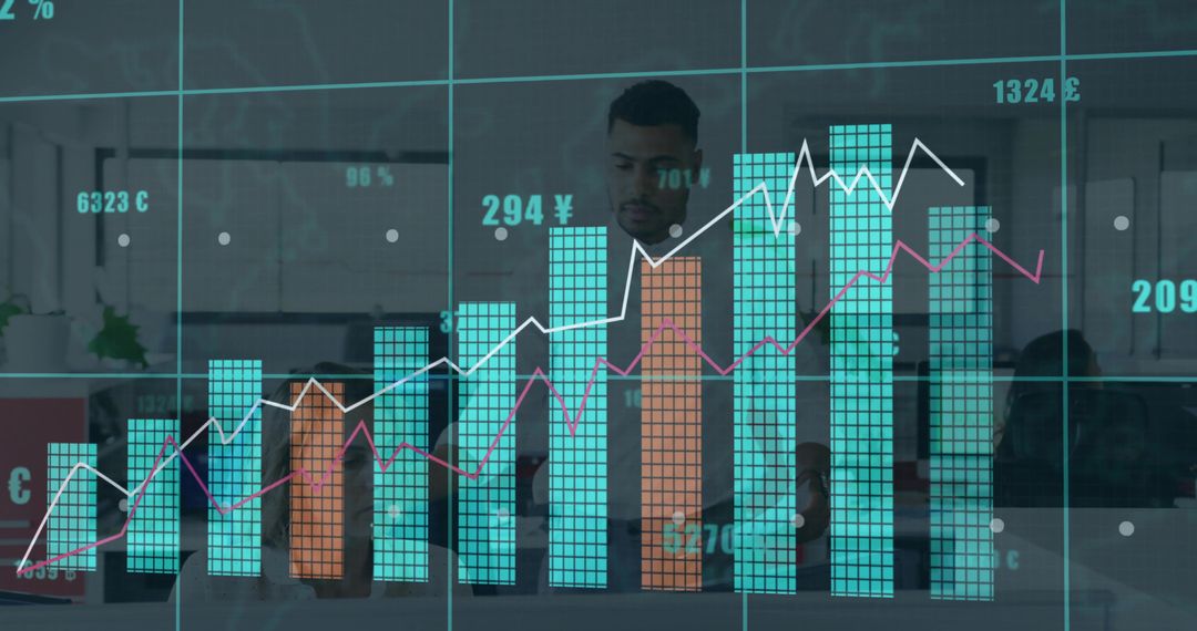 Business team analyzing financial dashboard with teal and orange bar charts and line graphs