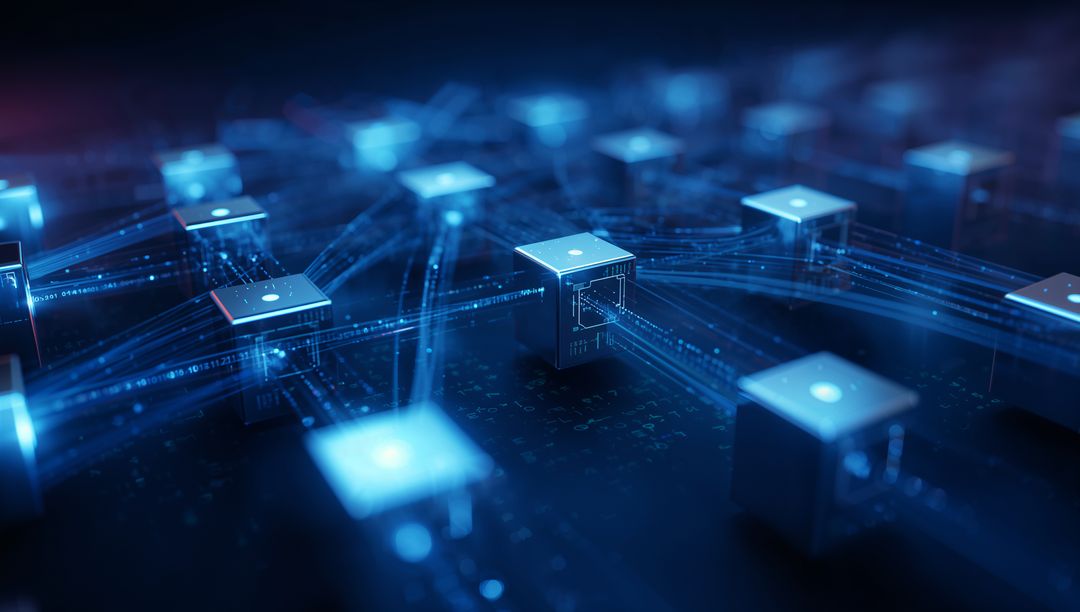 Glowing Cube Network Pulsing Data Streams Across Neon Circuit Grid for AI and Blockchain