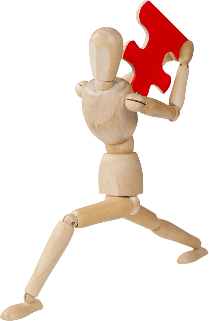 Wooden Mannequin Holding Red Puzzle Piece on Transparent Background