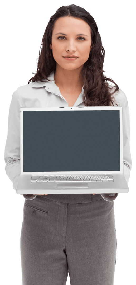 Businesswoman Showing Transparent Laptop Display Isolated Background