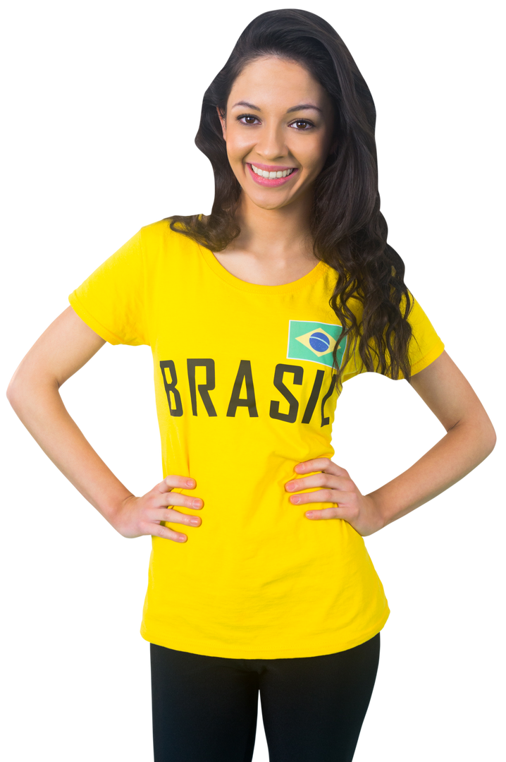 Transparent Yellow Brasil T-shirt Happy Woman Football Fan with Hands on Hips - Download Free Stock Images Pikwizard.com