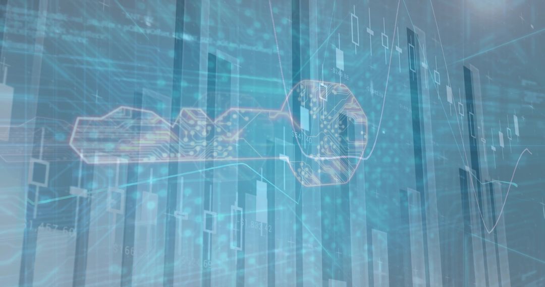 Futuristic Cybersecurity Interface with Digital Key and Data Charts