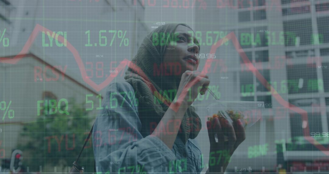 Woman Analyzing Financial Data on Smartphone in Urban Environment