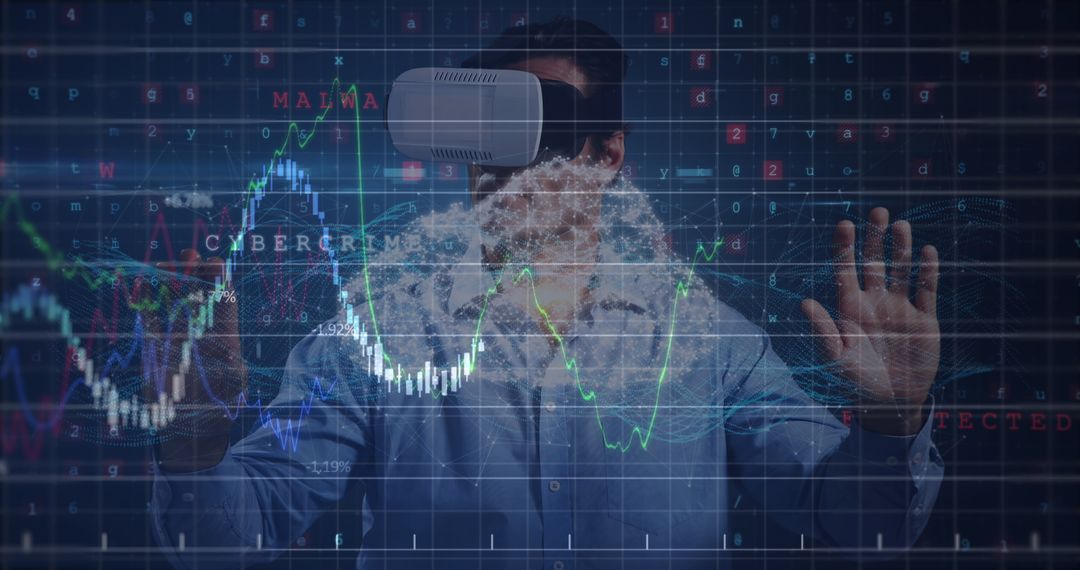 Man Using VR Headset Interacting with Digital Financial Data