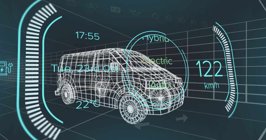 Holographic Interface Displaying Hybrid Van with Futuristic Mode Indicators