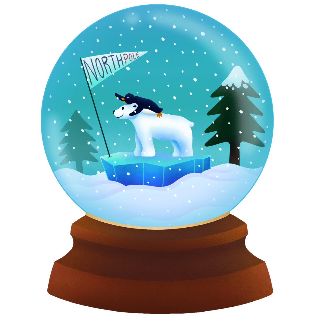 Whimsical Snow Globe with Polar Bear and Penguin, Transparent Background