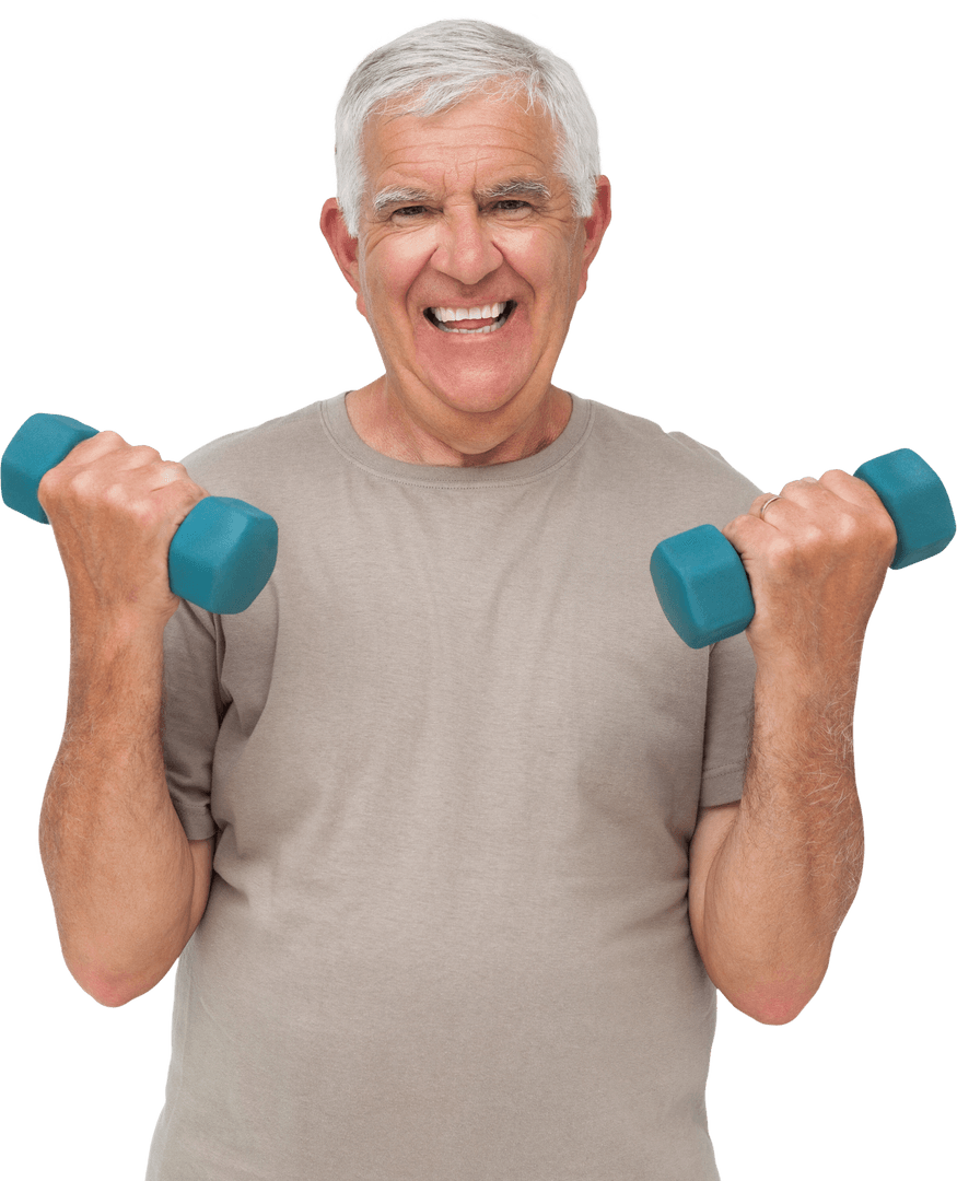 Active Senior Man Exercising with Dumbbells on Transparent Background