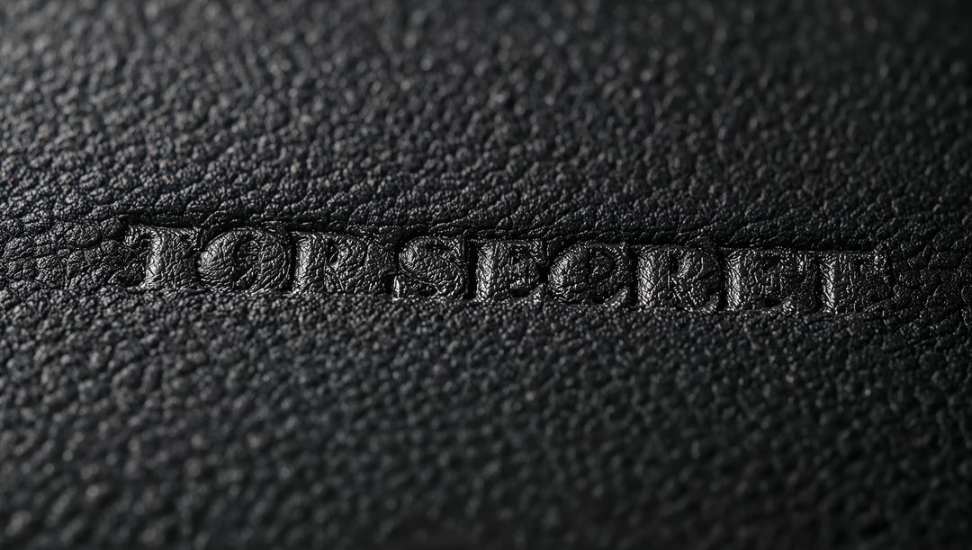 Embossed TOP SECRET Text Recessed in Black Pebbled Leather Macro High-Contrast Detail