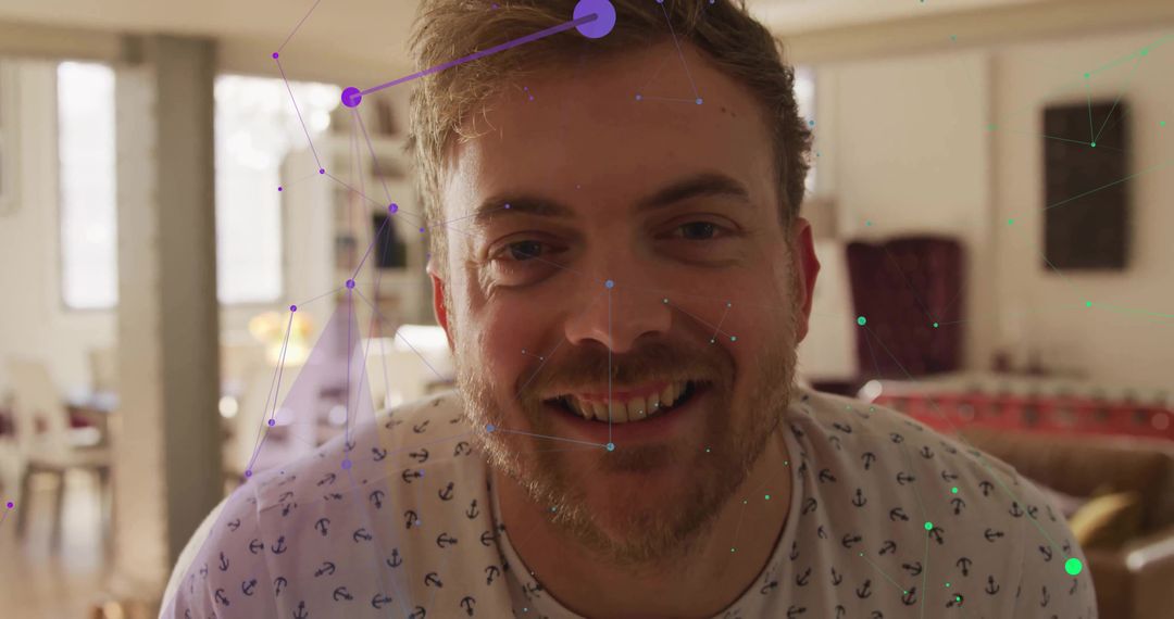 Bearded Man with Digital Network Overlay in Modern Apartment