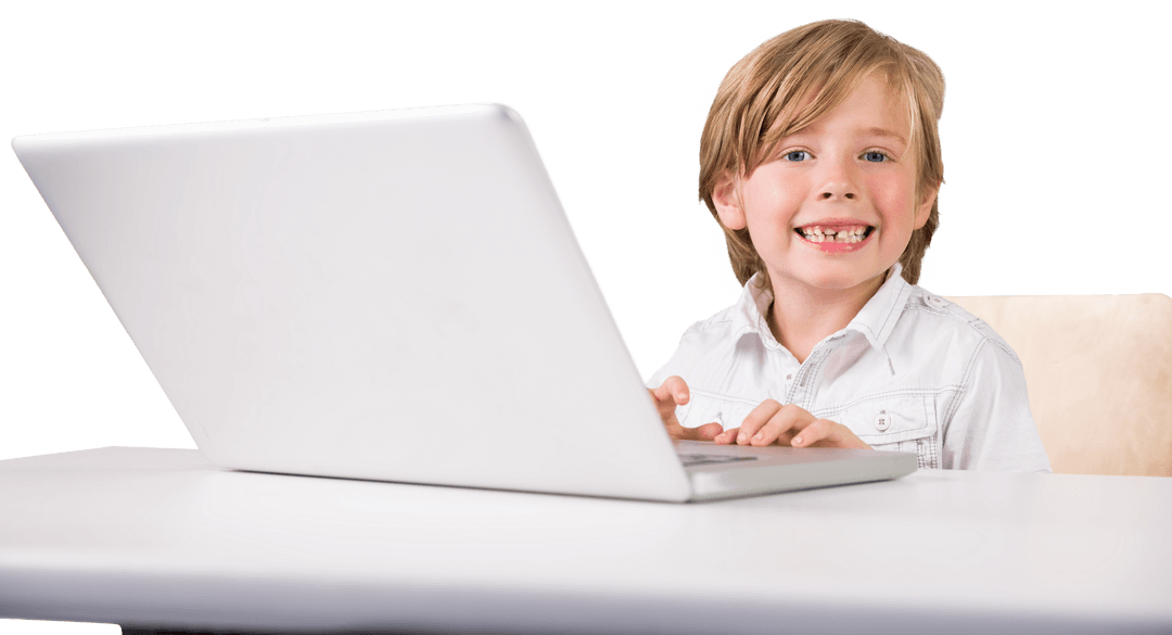 Happy Schoolboy Using Laptop on Transparent Background