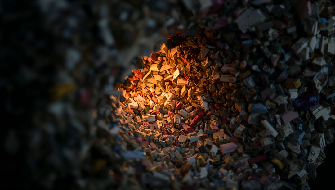 Glowing hollow of multicolored plastic shavings forming warm macro texture