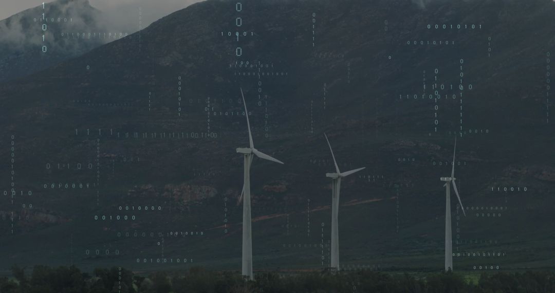 Futuristic Wind Turbines with Digital Overlay in Mountain Landscape