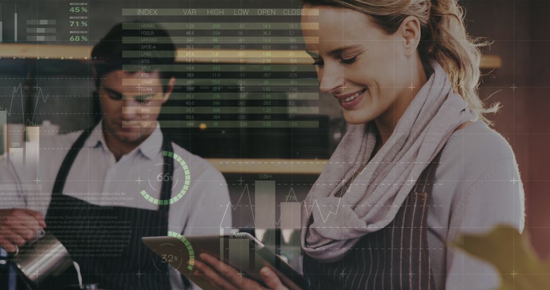 Digital Data Overlay in Coffee Shop with Diverse Workers