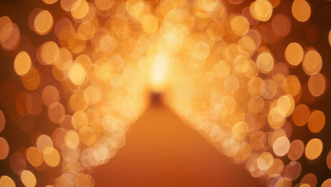 Golden bokeh tunnel glowing with warm fairy lights converging to bright center festive backdrop