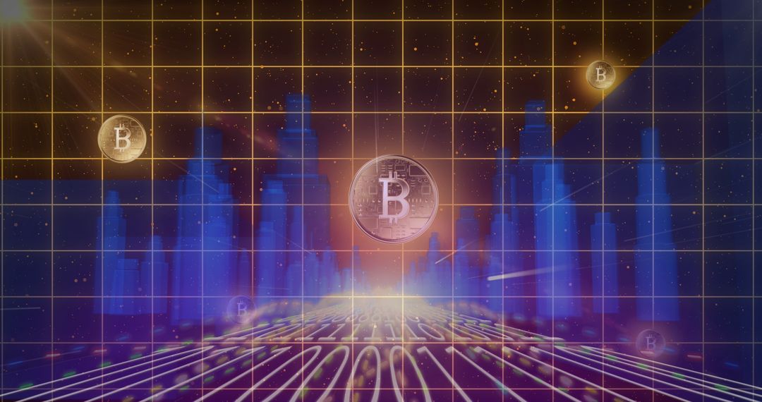 Binary Coding with Bitcoin Symbols and Digital Cityscape Background