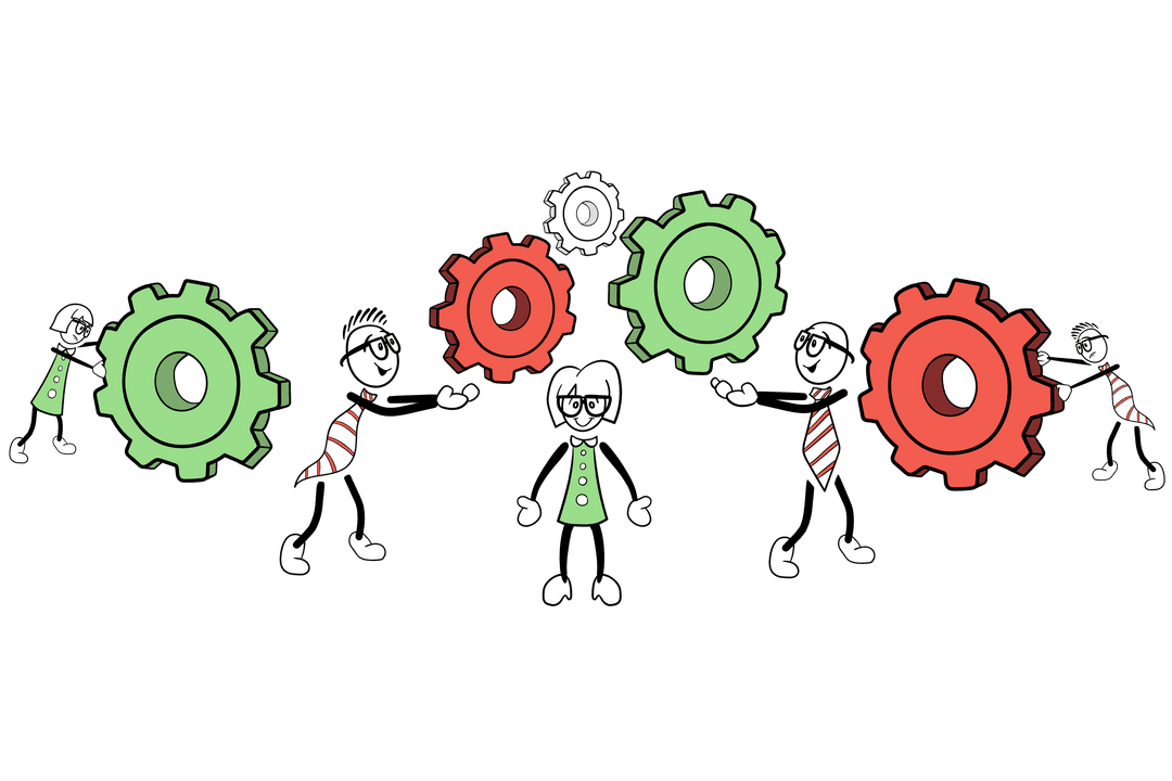 Cartoon People Holding Gears on Transparent Background Illustrating Teamwork