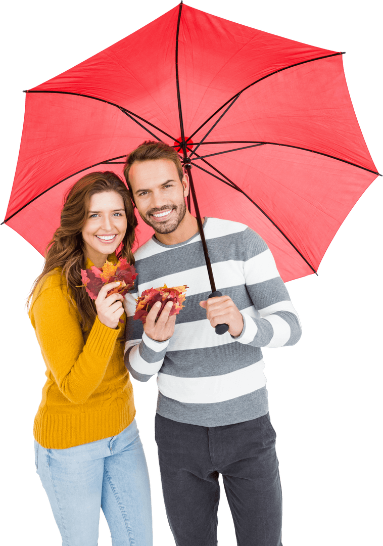 Happy Couple in Fall Holding Umbrella with Transparent Background