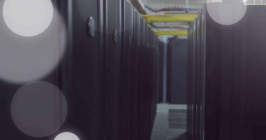 Modern Data Center Corridor with Servers and Bokeh Light Effects