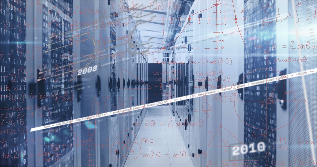 Data Processing in Modern Server Room with Digital Interface Graphics