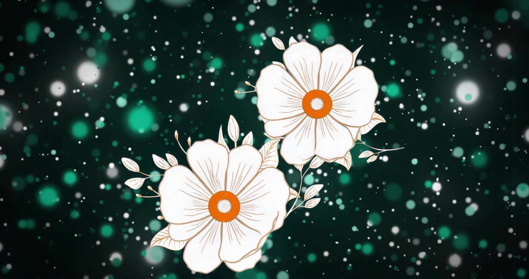 Glowing White Flowers Floating on Emerald Bokeh Background with Gold Accents