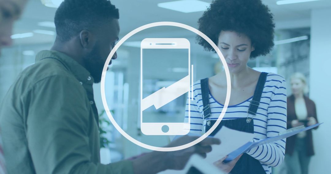 Office Professionals Collaborating in Modern Workspace with Digital Influence