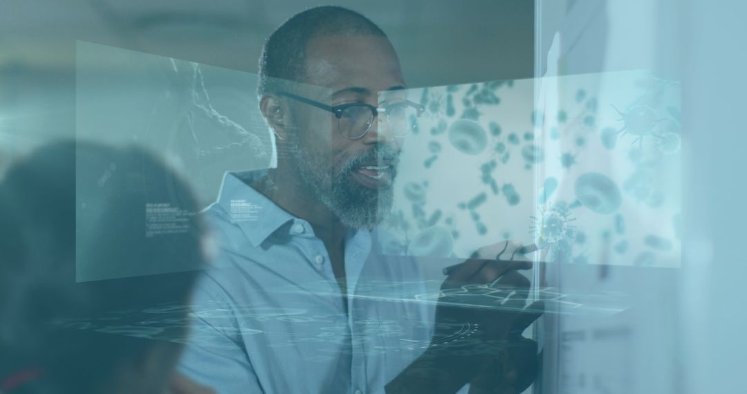 Senior Scientist Explaining Biotechnology Concepts on Interactive Board
