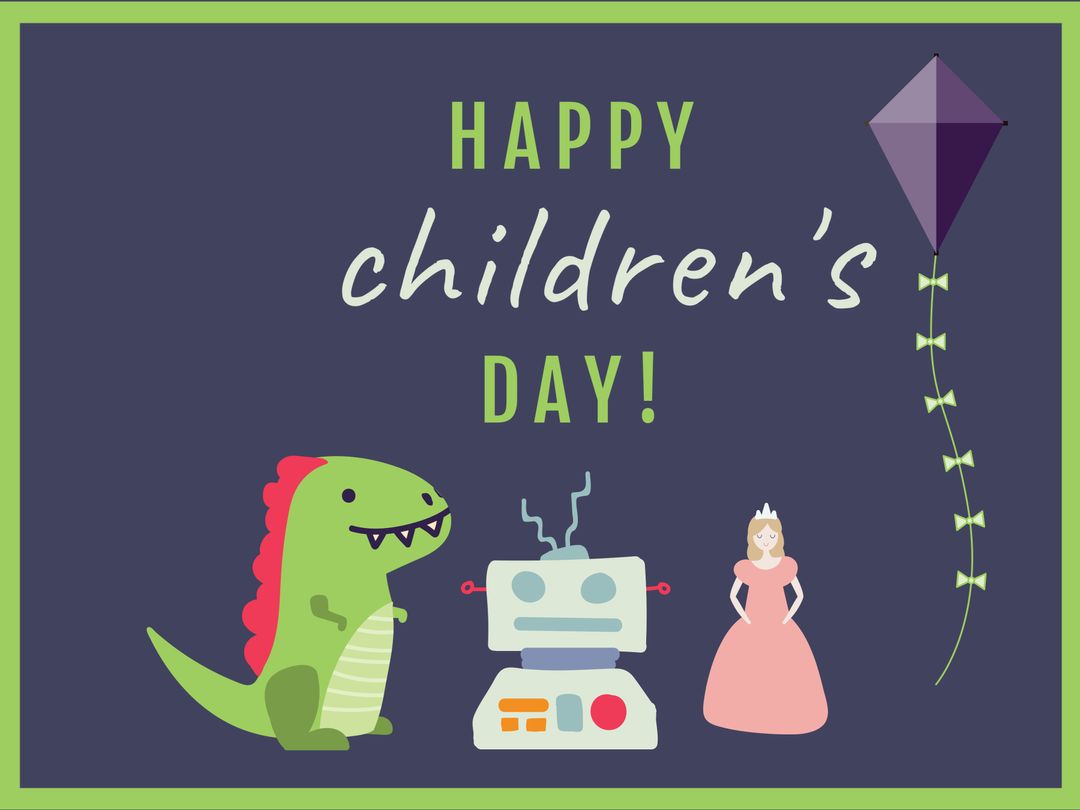 Playful Children's Day Card with Dinosaurs, Robots, and Princesses