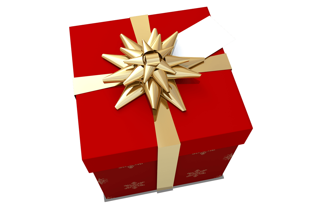 Christmas Gift Box with Gold Bow on Transparent Background