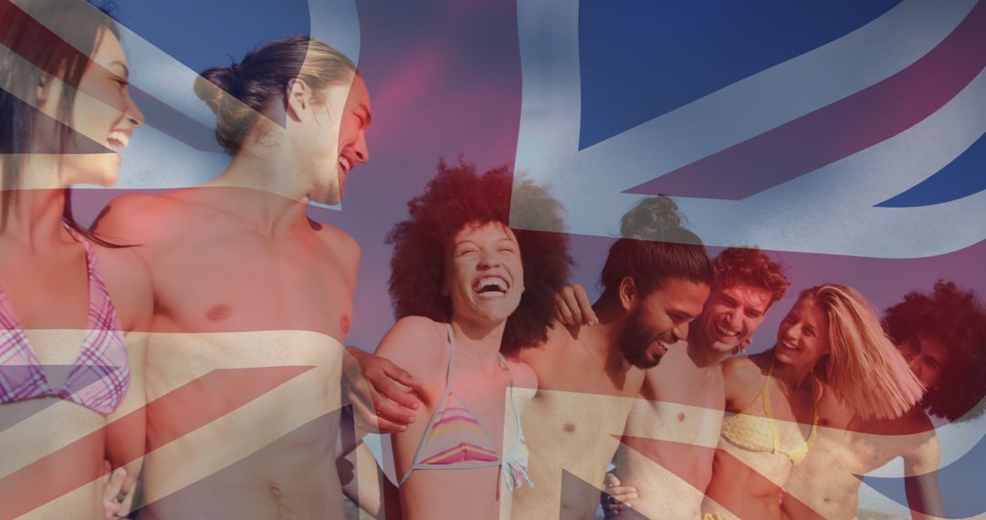 Group of Friends Having Fun with British Flag Overlay on Beach - Free Images, Stock Photos and Pictures on Pikwizard.com