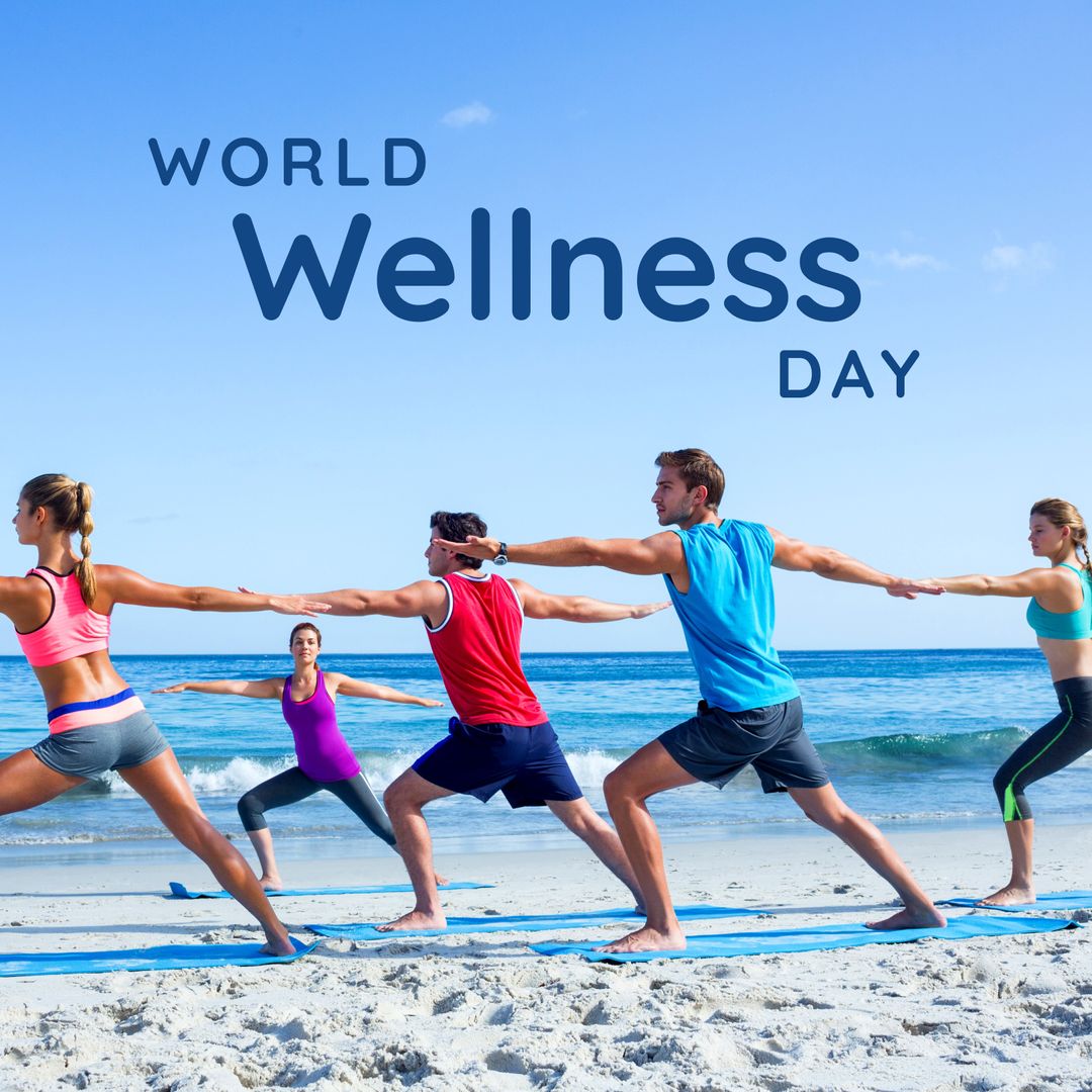 Group Yoga Class on Beach Celebrating World Wellness Day