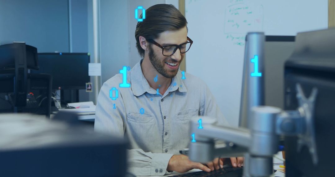 Smiling Businessman with Binary Code Overlays in Modern Office