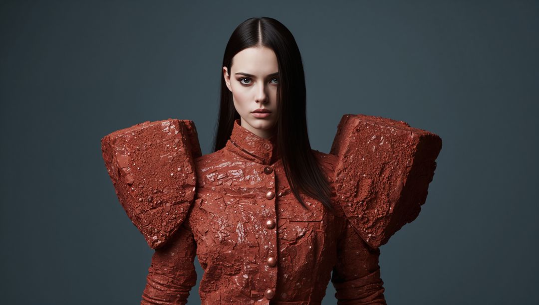 Terracotta Sculptural Jacket with Oversized Block Shoulders, Minimalist Dramatic Portrait