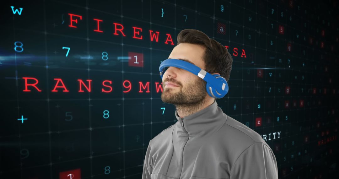 Man with VR Headset Exploring Digital Firewalls and Cybersecurity