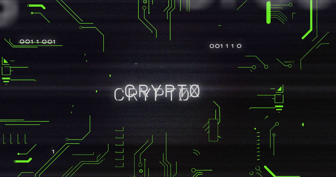 Glitchy Circuit Board with Crypto Text Overlay